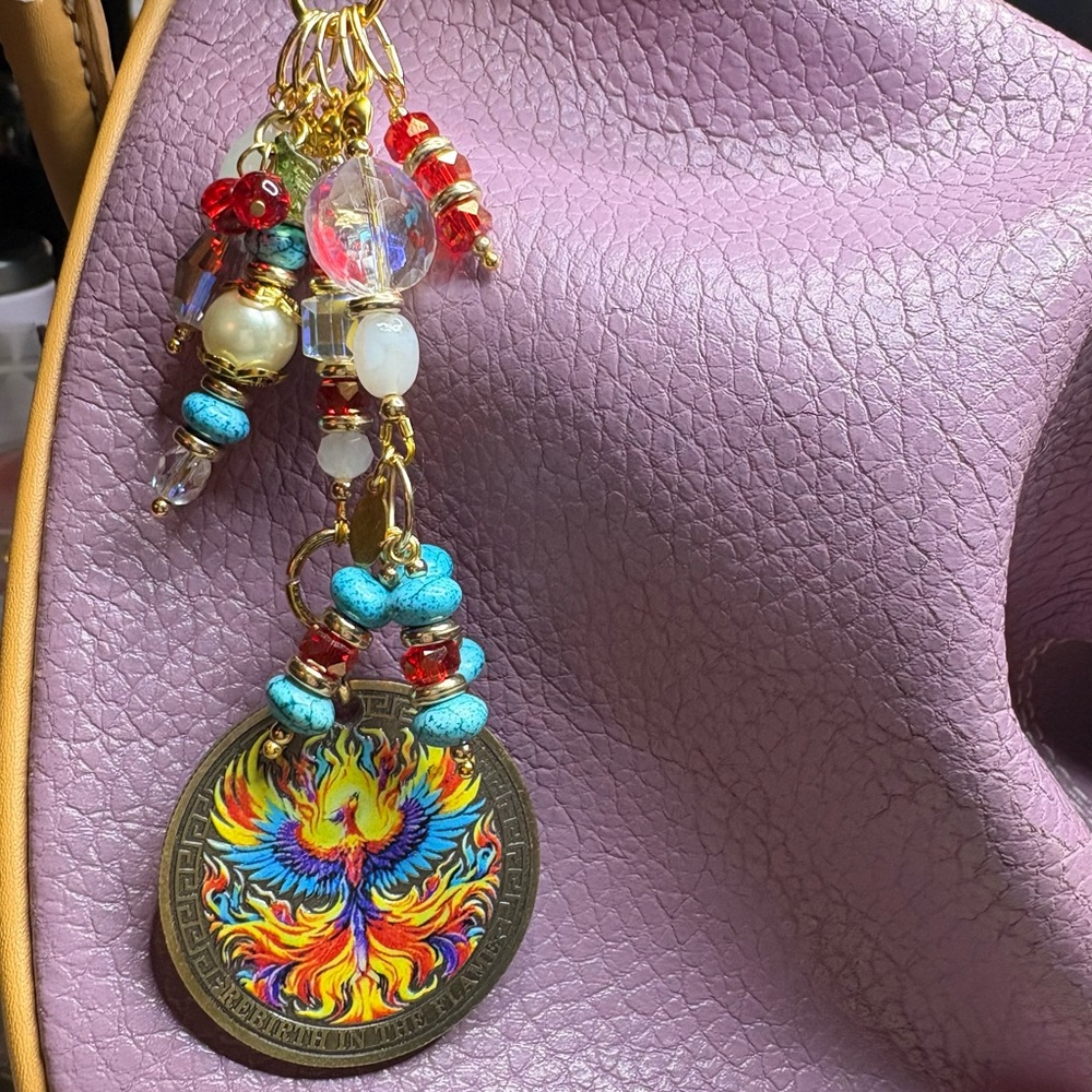 NWT Artisan Handmade Rising Phoenix Coin Stone & Glass Beaded Bag Purse Charm